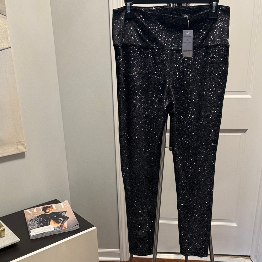 Metallic Velvet Black Glitter Leggings Bebe Medium NWT